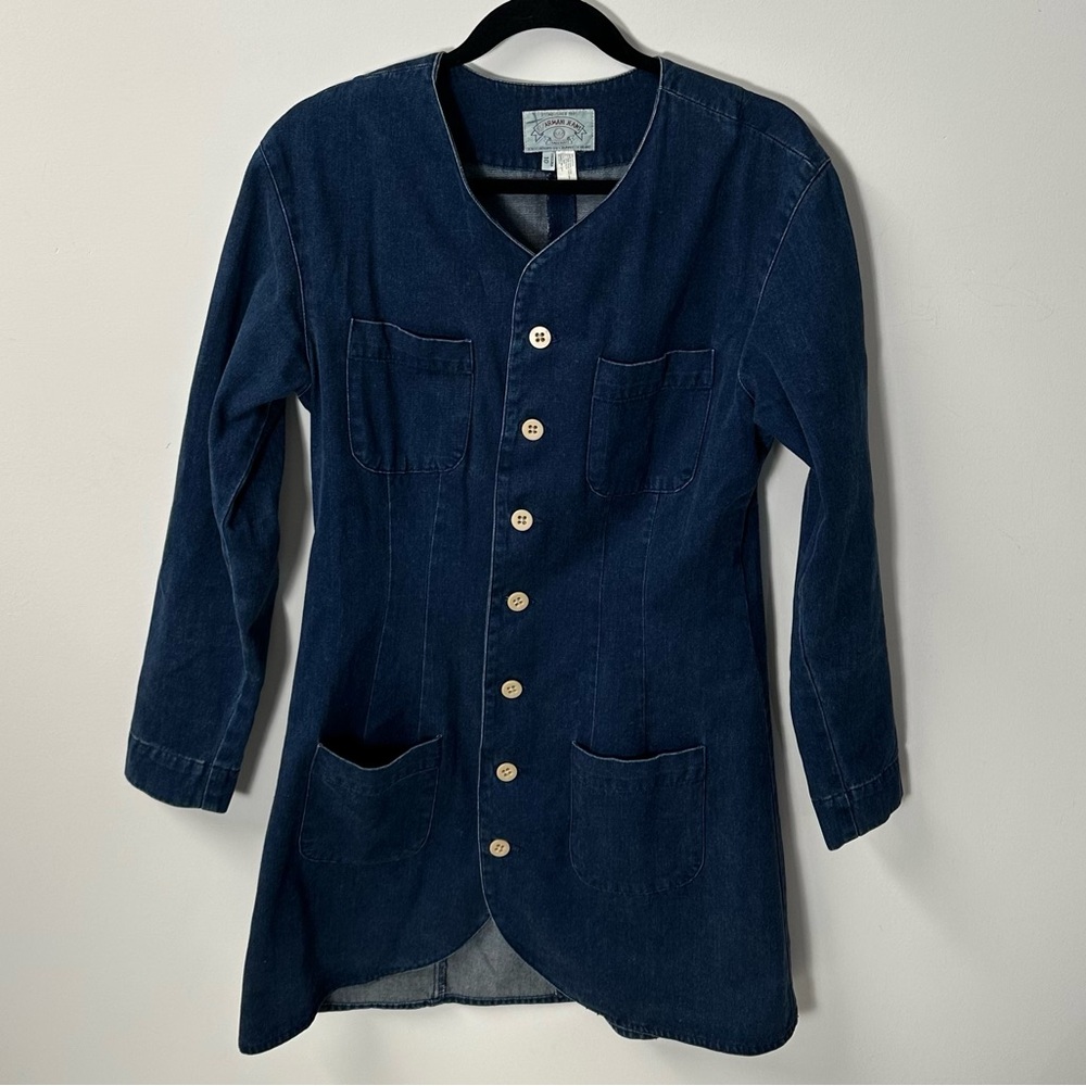 ARMANI JEANS vintage women's navy button front fitted mid length denim jacket